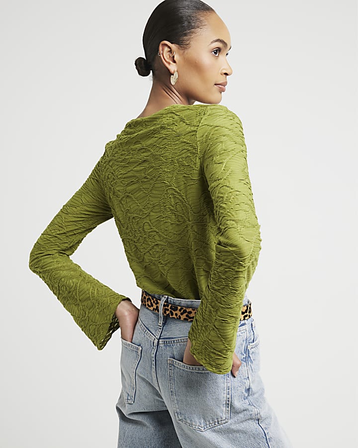 Green textured long sleeve top