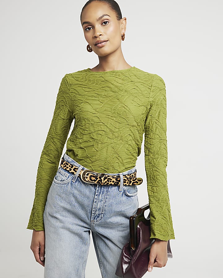 Green textured long sleeve top