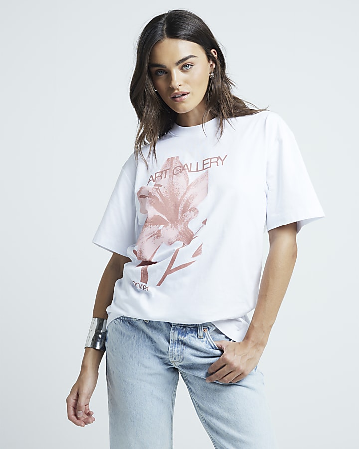 White Oversized Fit Graphic Floral T-Shirt