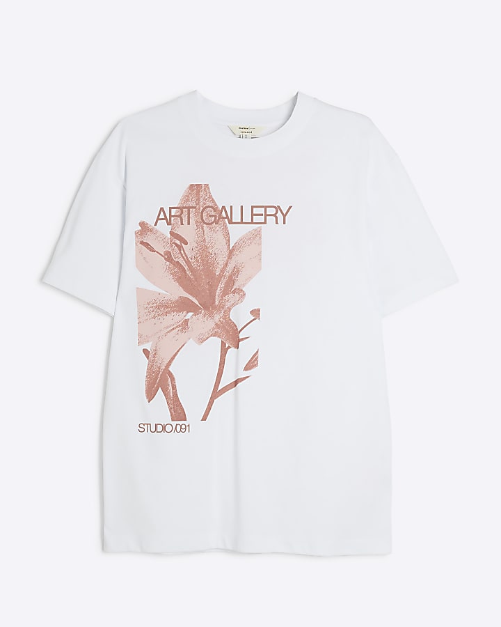 White Oversized Fit Graphic Floral T-Shirt