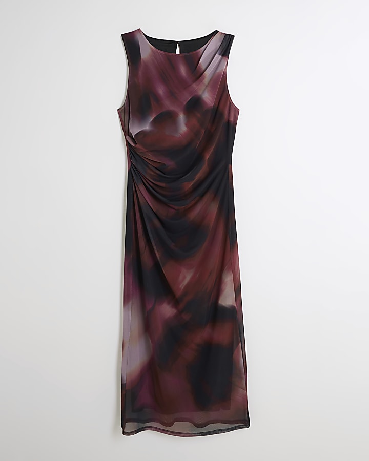 Pink mesh abstract drape bodycon midi dress