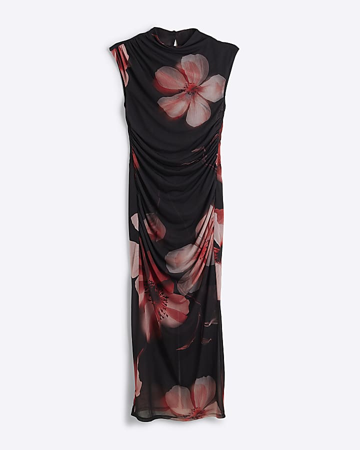 Black mesh floral drape bodycon midi dress