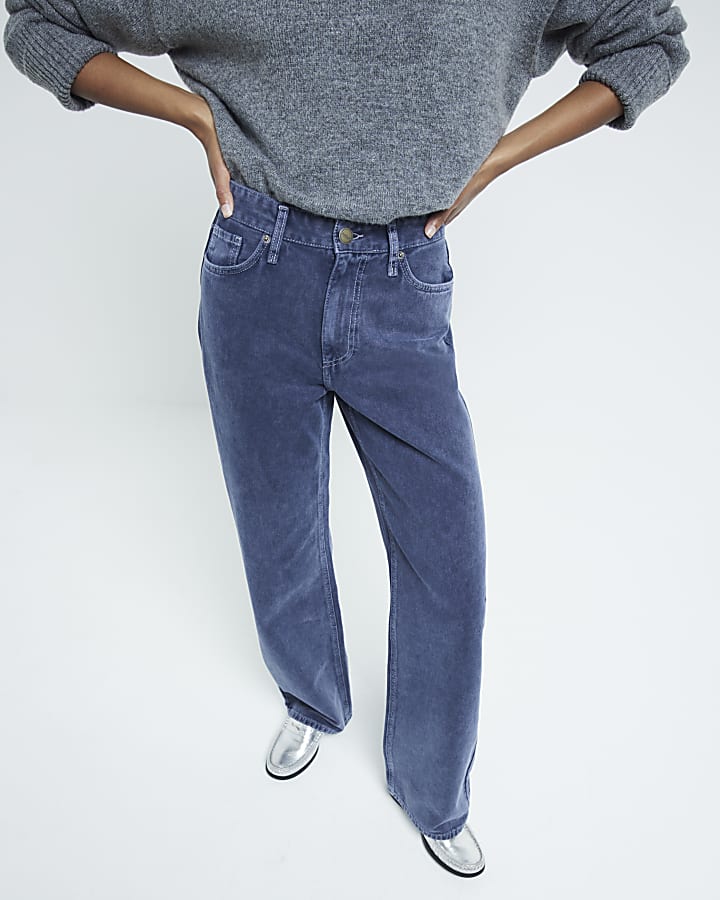 Blue high waisted relaxed straight jeans