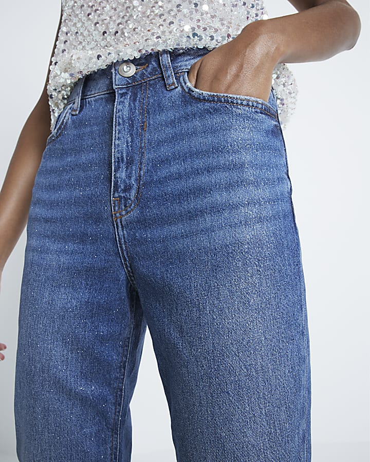 Blue High Waisted Glitter Mom Jeans