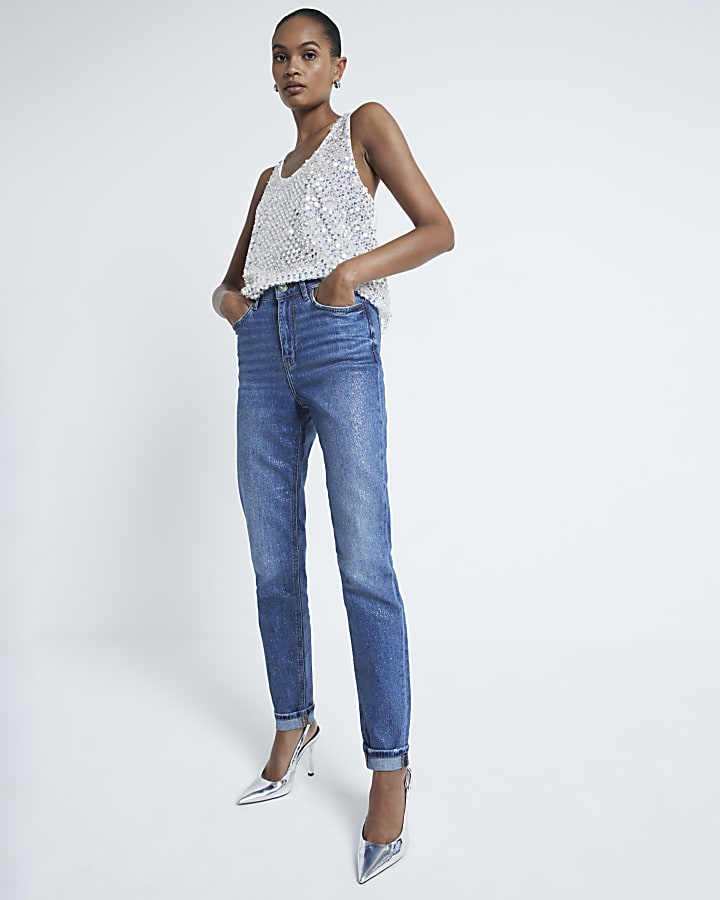 Blue High Waisted Glitter Mom Jeans