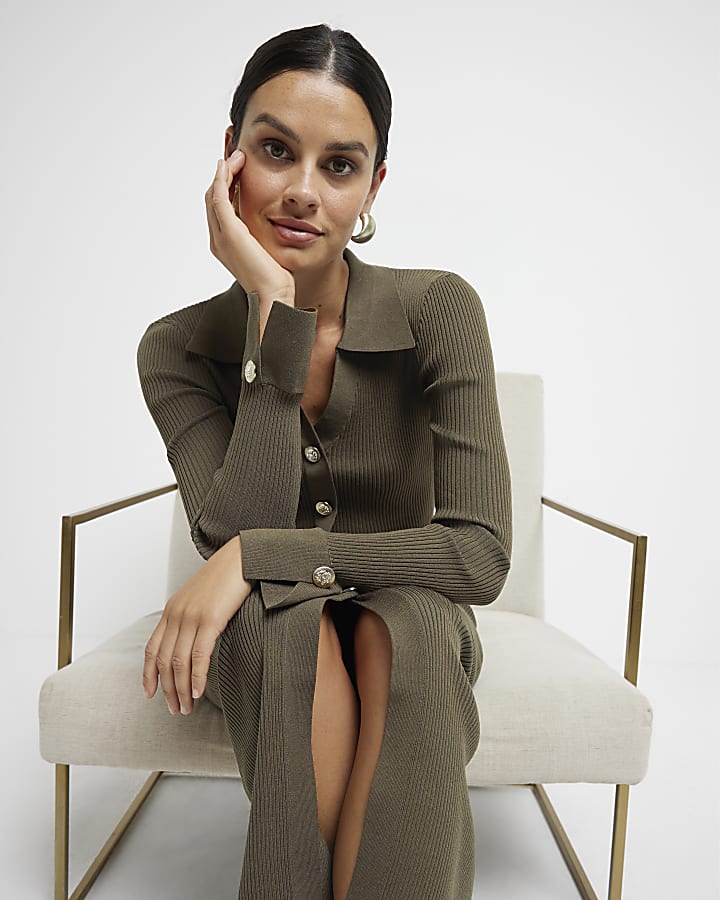 Khaki knit button detail midi skirt