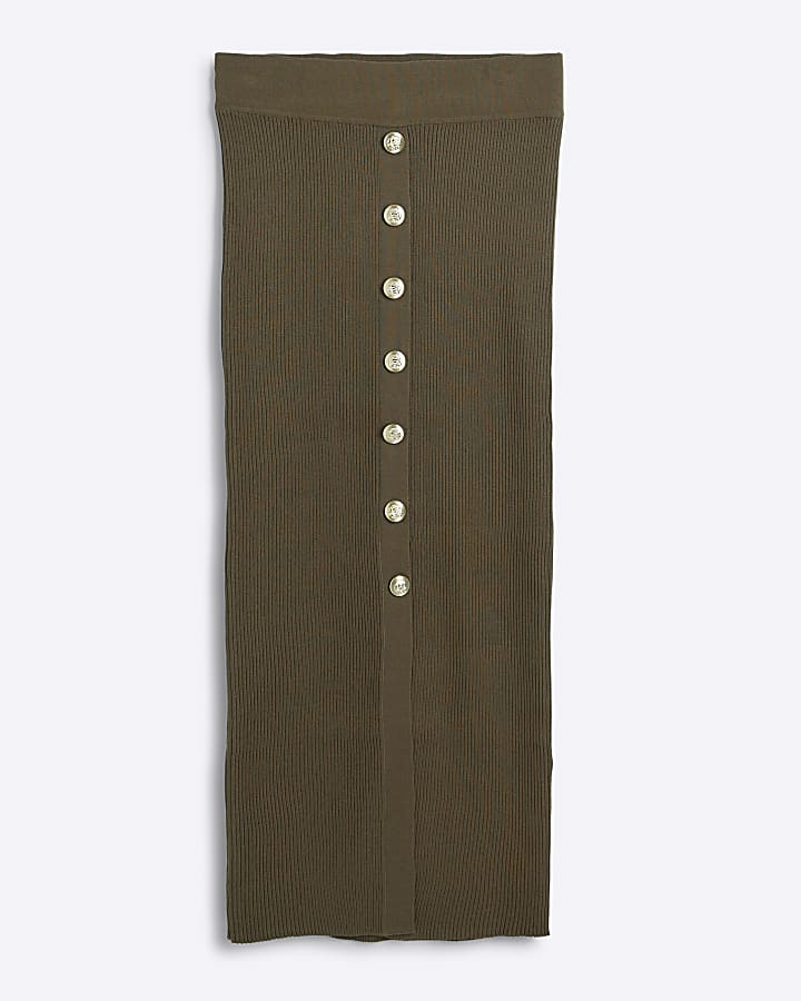 Khaki knit button detail midi skirt
