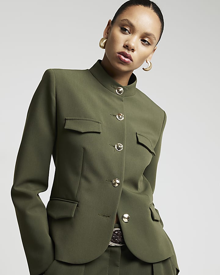 Khaki premium button up crepe military jacket