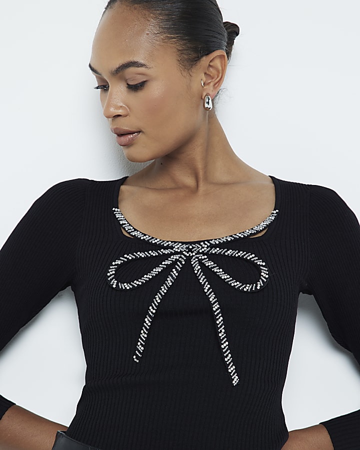 Black Embellished Bow Trim Knitted Top