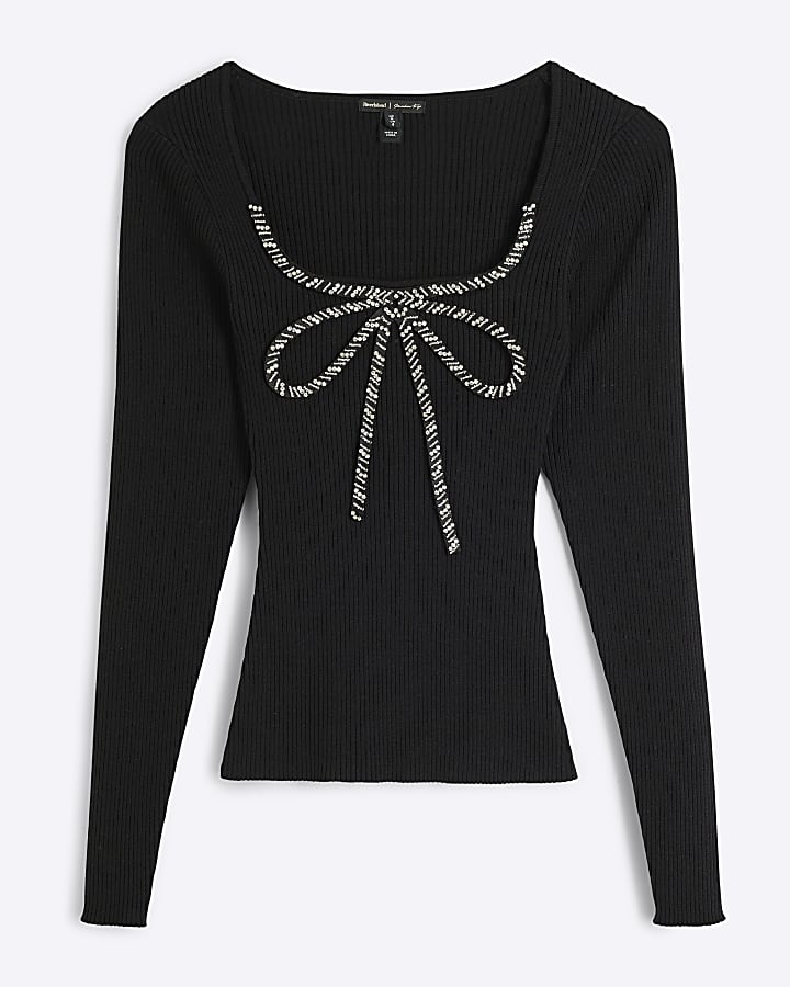 Black Embellished Bow Trim Knitted Top