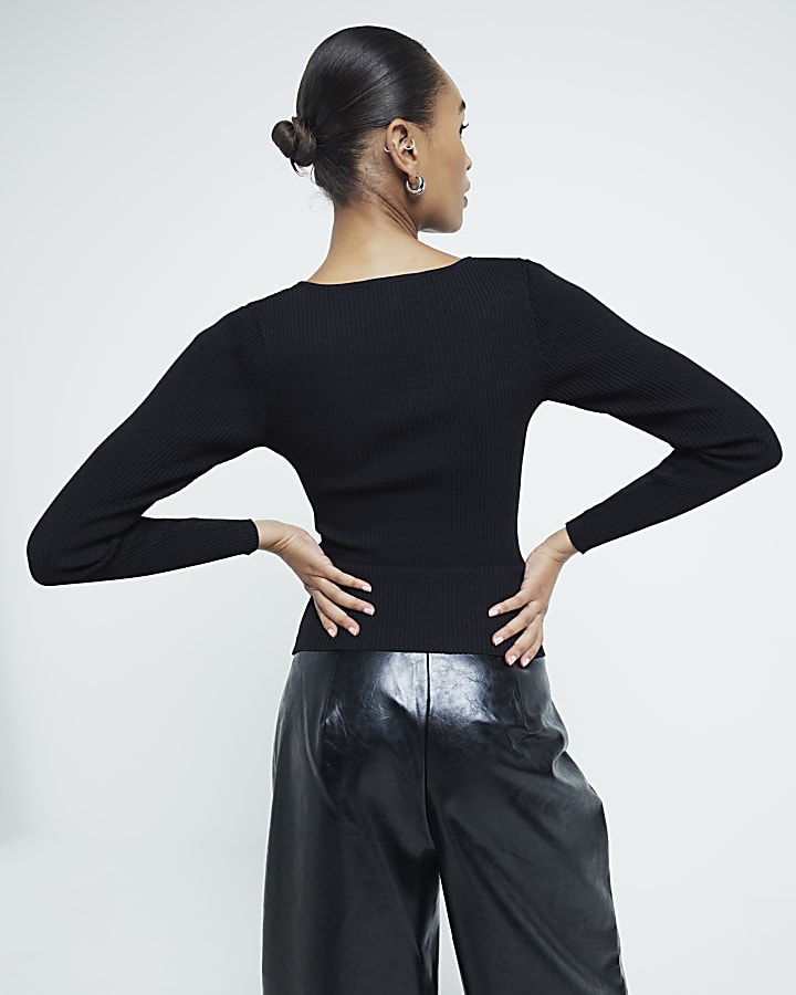 Black Embellished Bow Trim Knitted Top