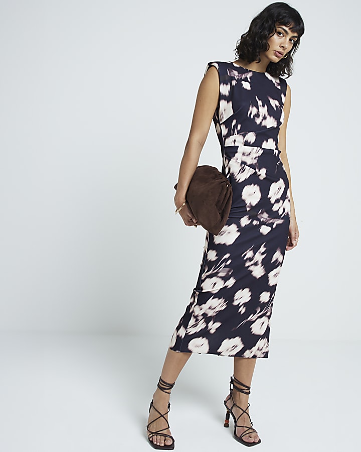 Black blur floral shift midi dress