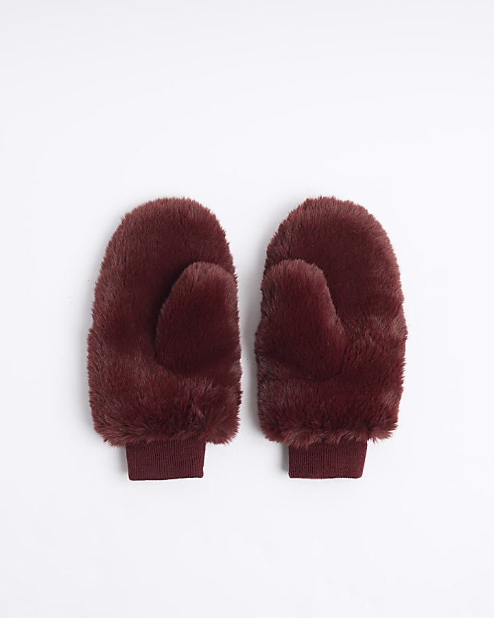 Red faux fur mittens