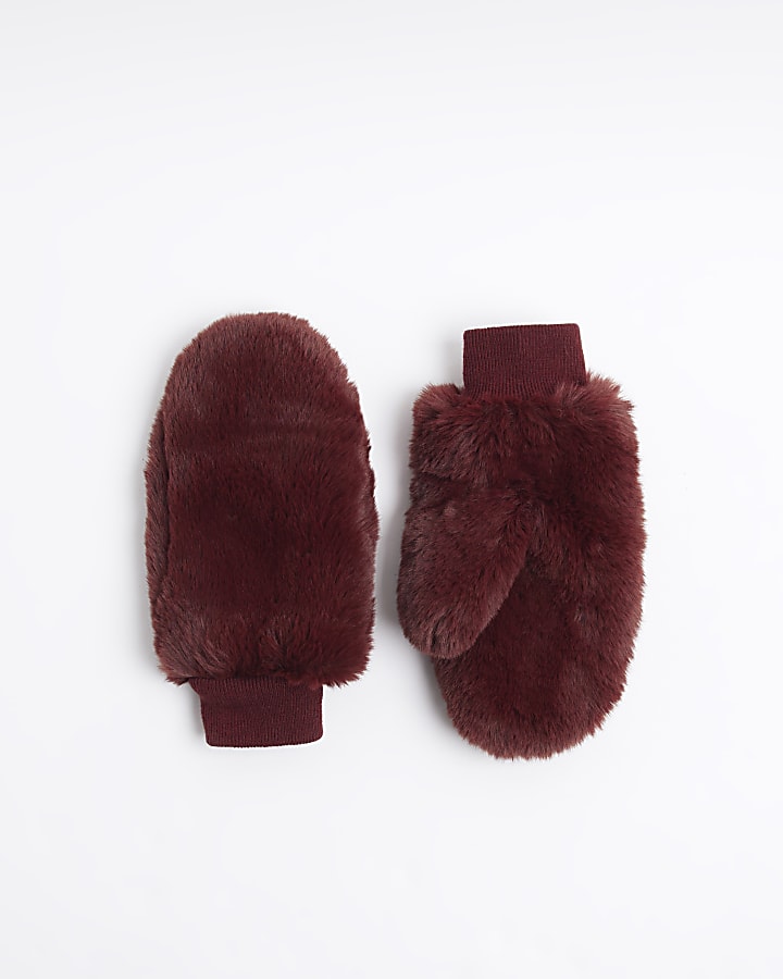 Red faux fur mittens
