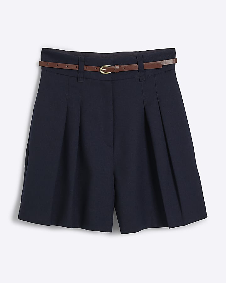 Navy Belted Wide Tailored Shorts