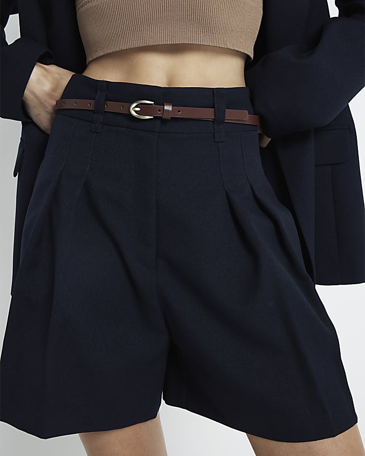 Navy Belted Wide Tailored Shorts