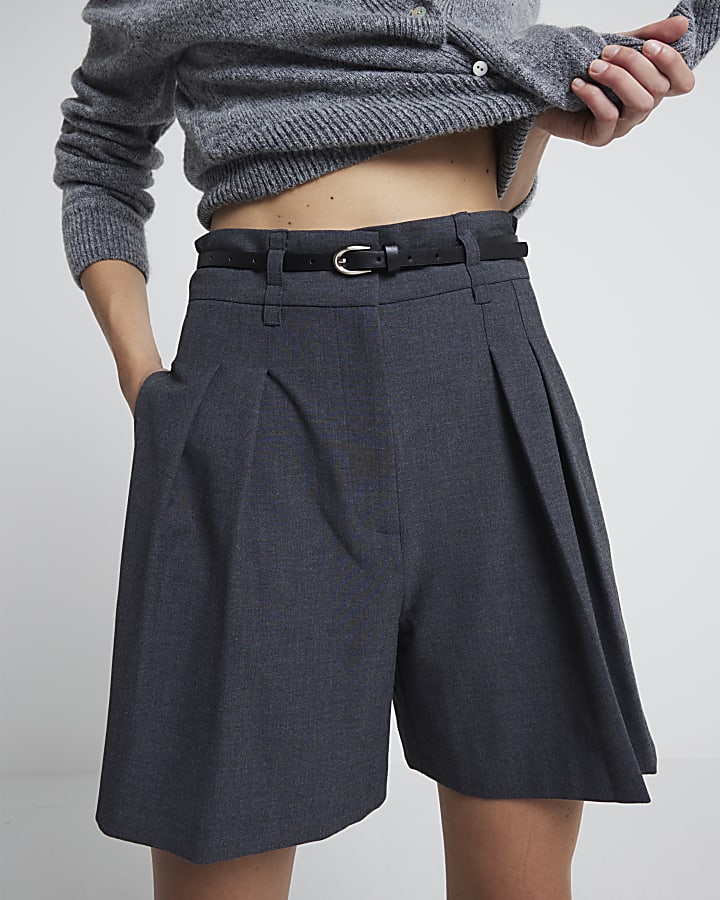 Grey belted longline shorts