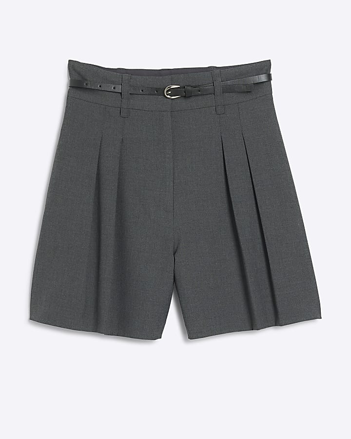 Grey belted longline shorts