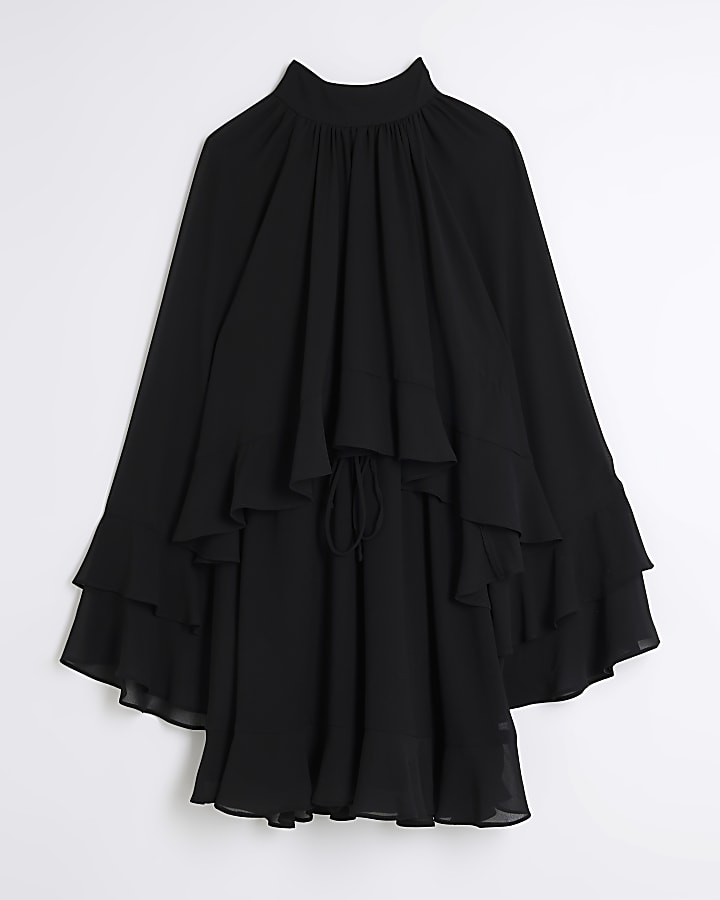 Black chiffon layered ruffle mini dress
