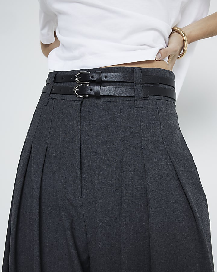 Grey double belted wide leg trousers