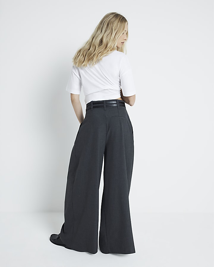 Grey double belted wide leg trousers