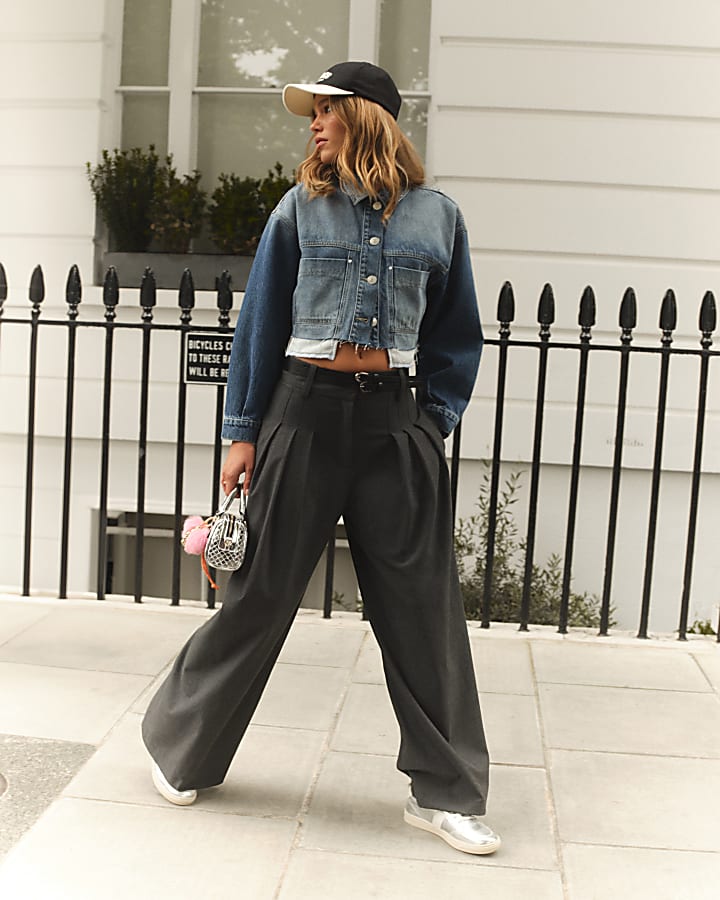 Grey double belted wide leg trousers