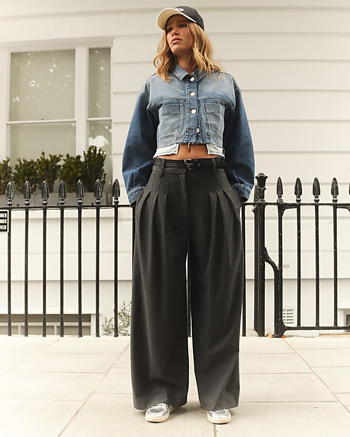 Grey double belted wide leg trousers