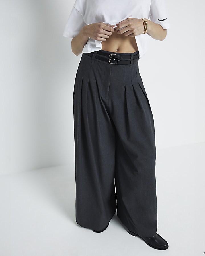 Grey double belted wide leg trousers