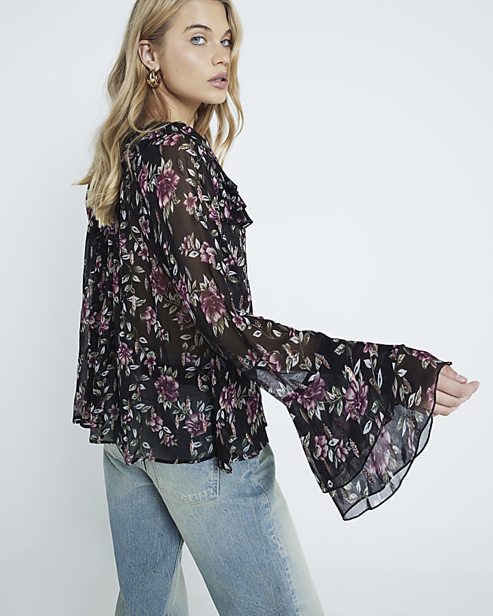 Black Ruffle Floral Blouse