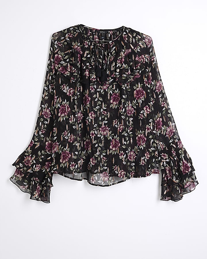 Black Ruffle Floral Blouse