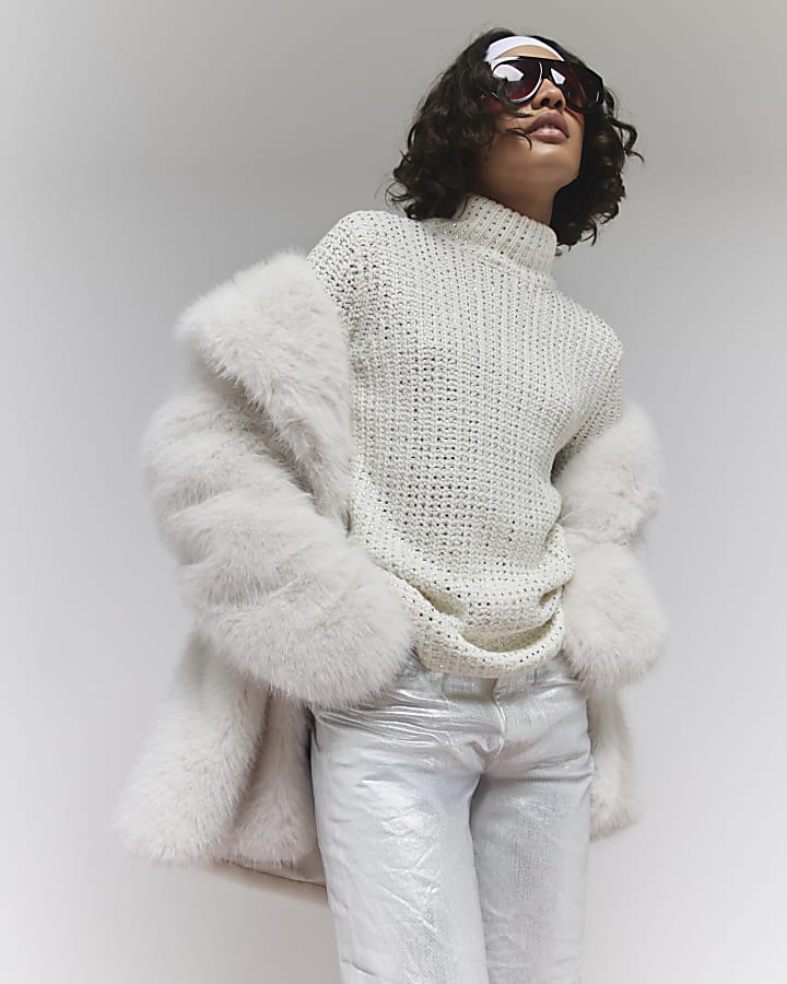 White Embellished High Neck Jumper