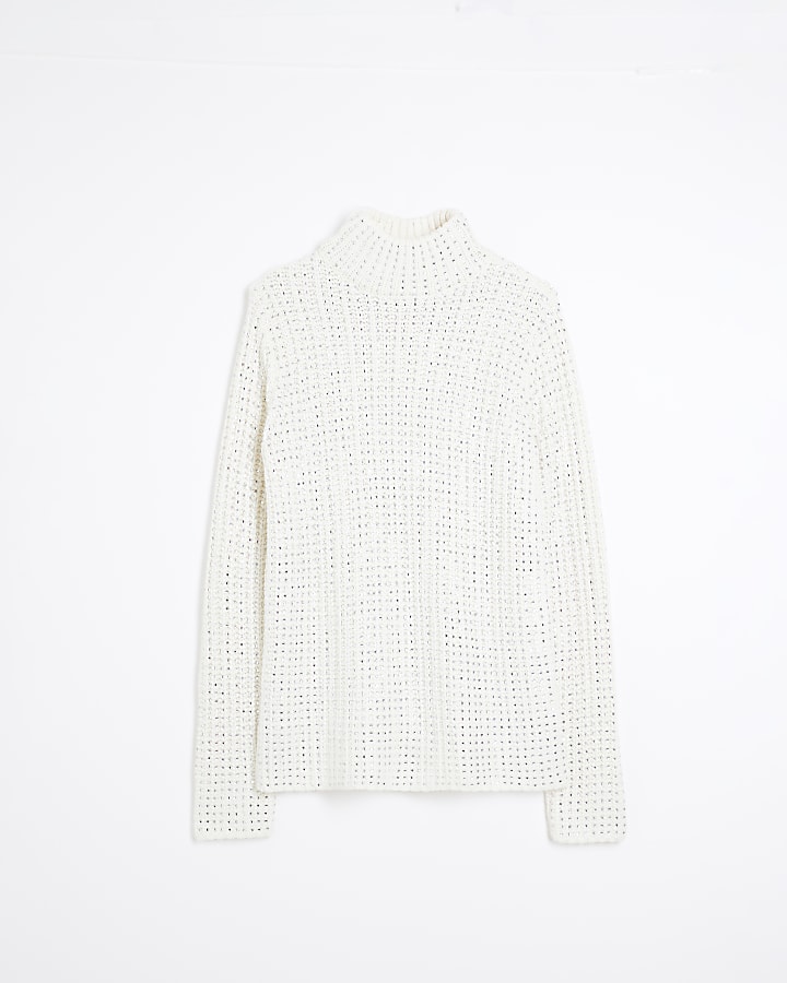 White Embellished High Neck Jumper