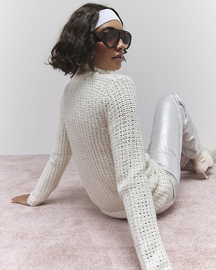 White Embellished High Neck Jumper