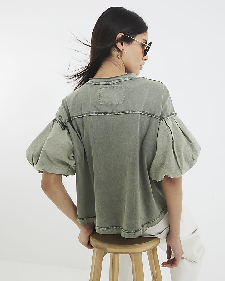 Khaki Puff Short Sleeve Washed T-Shirt