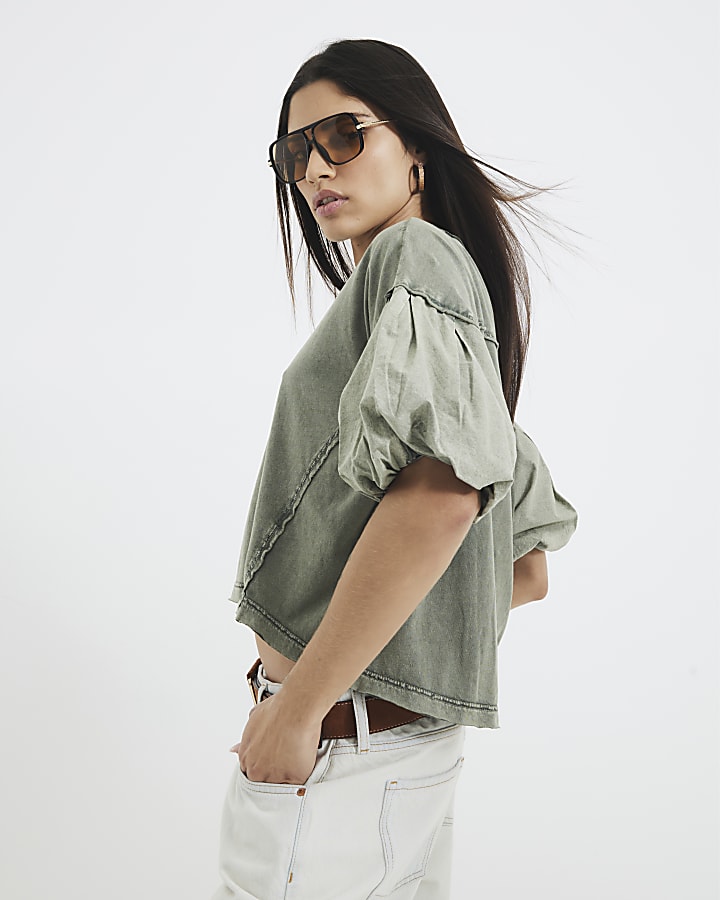 Khaki Puff Short Sleeve Washed T-Shirt