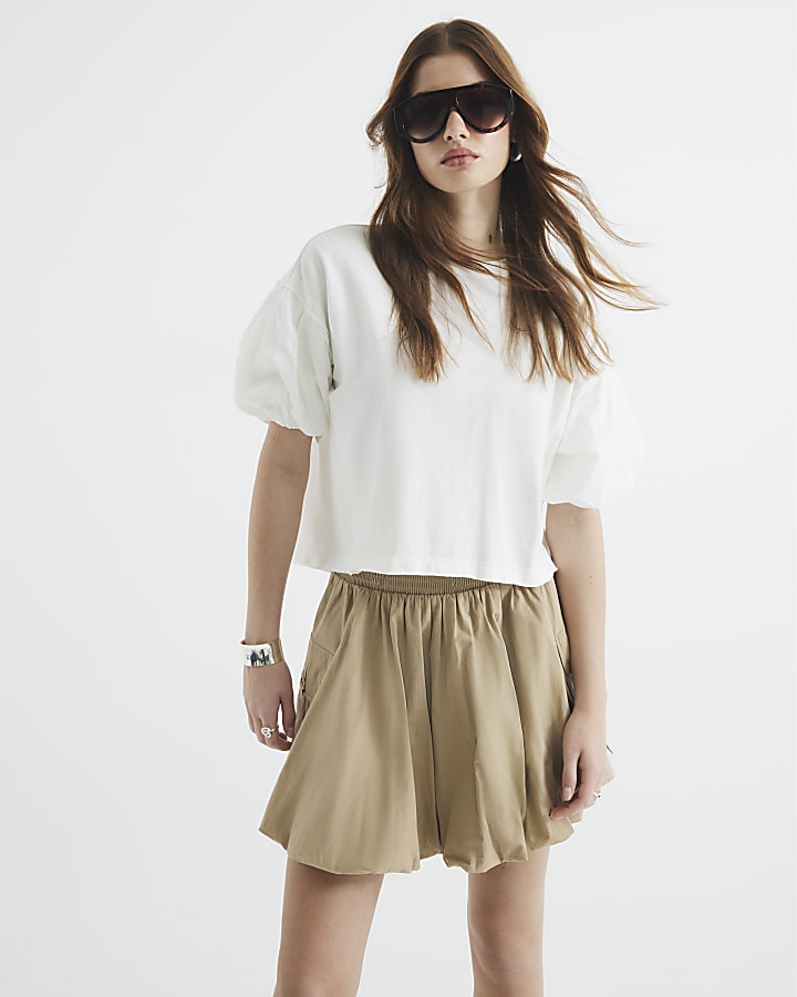 Cream Short Sleeve Washed Puff Sleeve T-Shirt