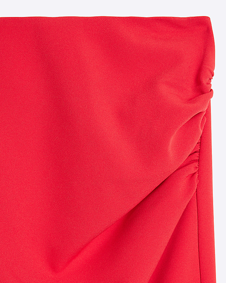 Red Ruched Side Tailored Midi Skirt