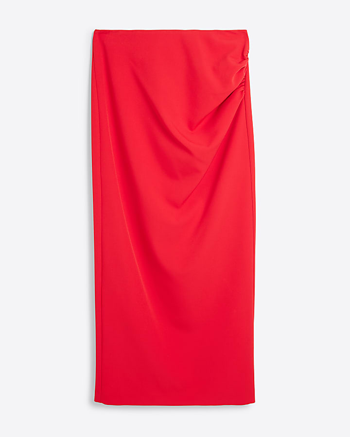 Red Ruched Side Tailored Midi Skirt