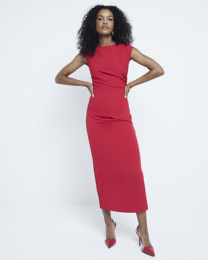 Red Ruched Side Tailored Midi Skirt