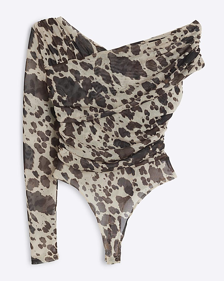 Beige Animal Print Mesh Asymmetric Bodysuit