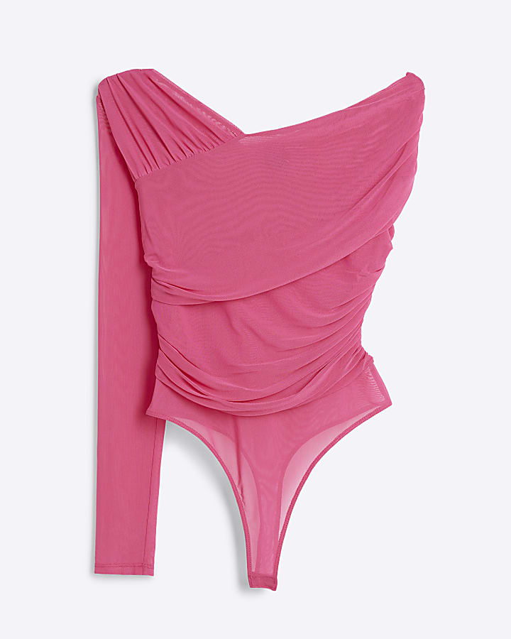 Pink Mesh Asymmetric Bodysuit