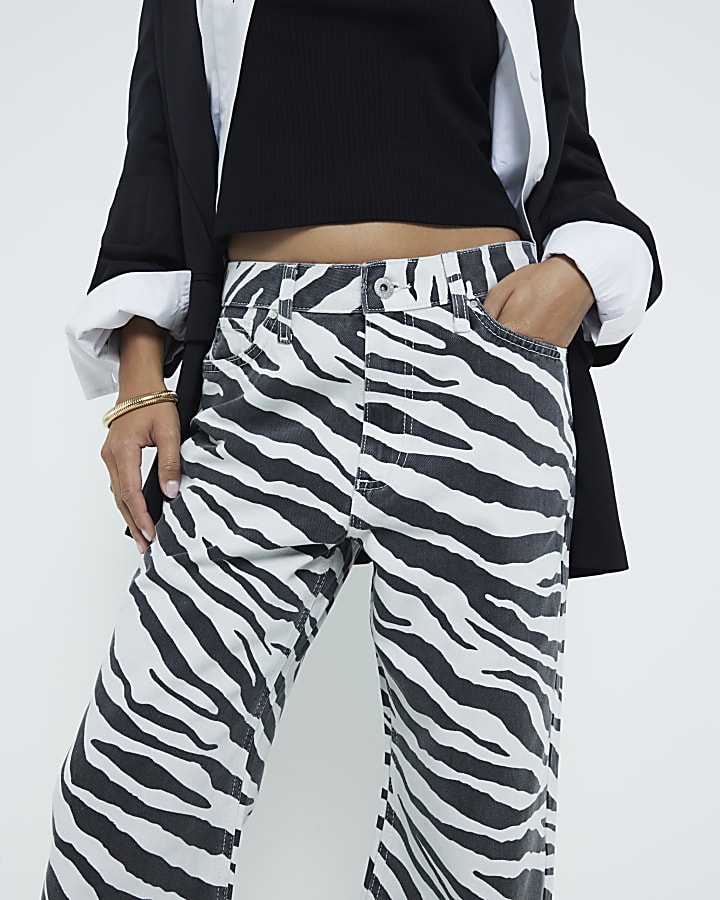 Petite Black Zebra Relaxed Straight Jeans