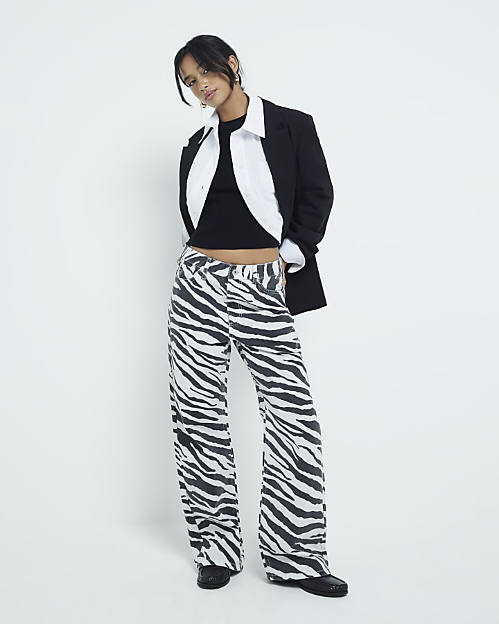 Petite Black Zebra Relaxed Straight Jeans