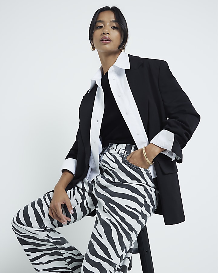 Petite Black Zebra Relaxed Straight Jeans
