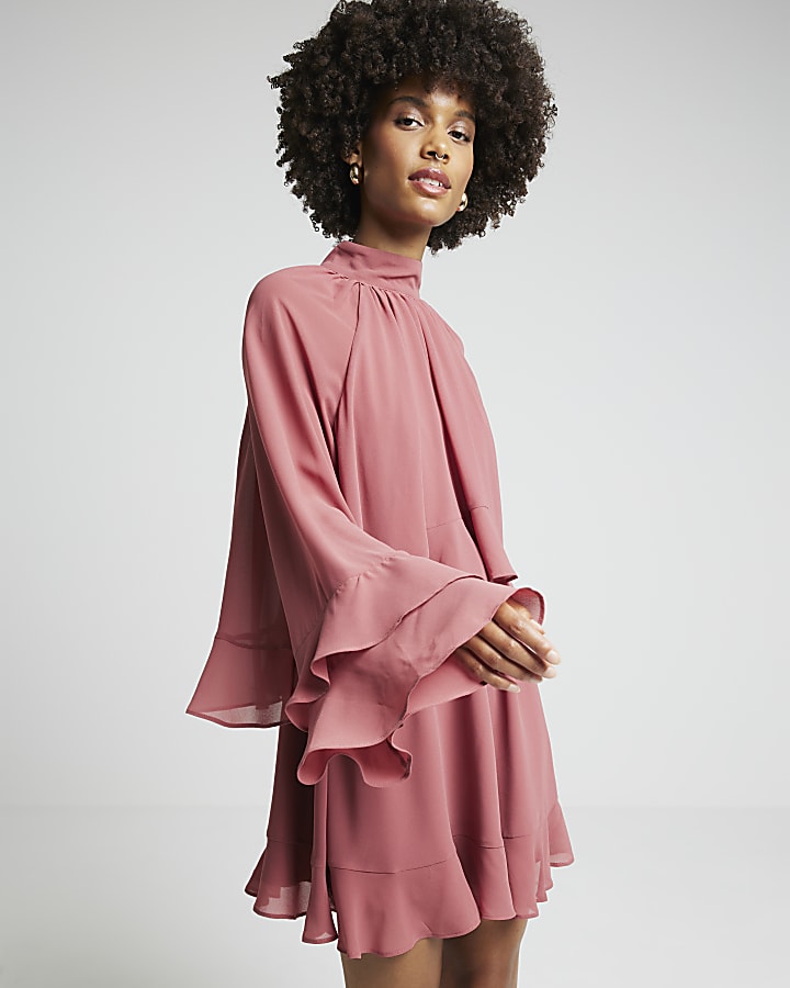 Pink layered ruffle smock mini dress