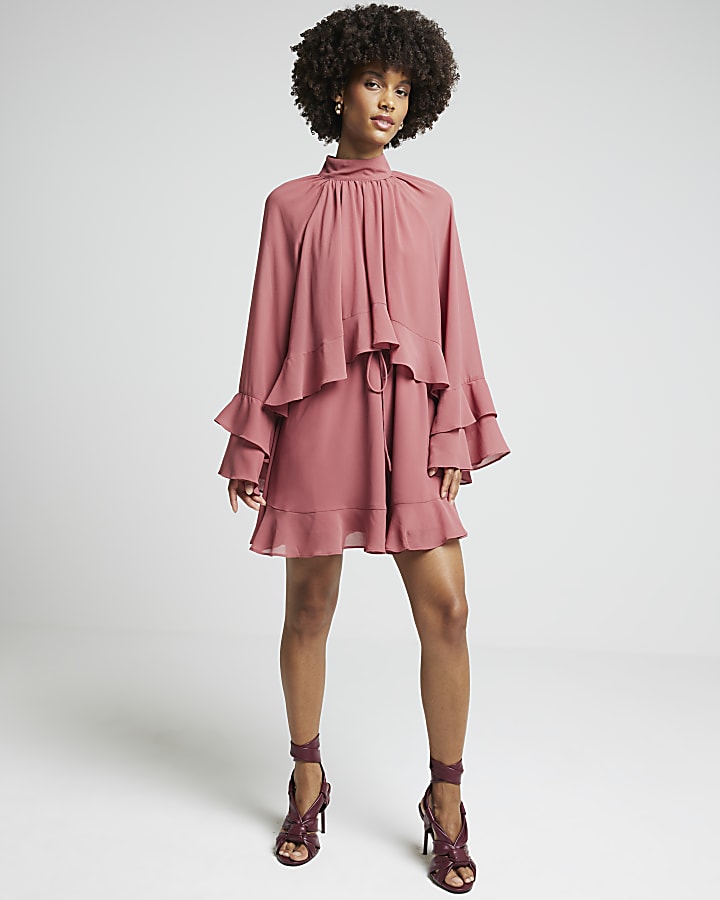 Pink layered ruffle smock mini dress