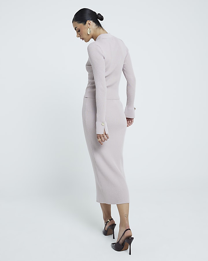 Beige knit button detail midi skirt