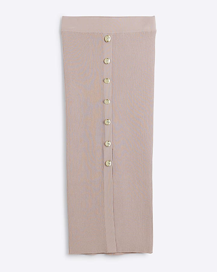 Beige knit button detail midi skirt