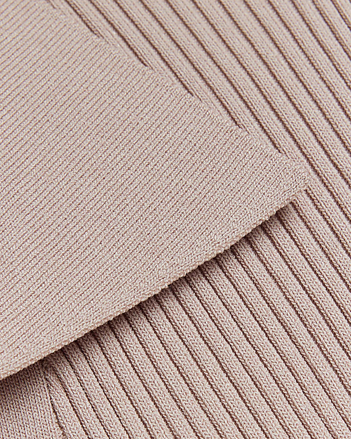 Beige knit button detail polo top