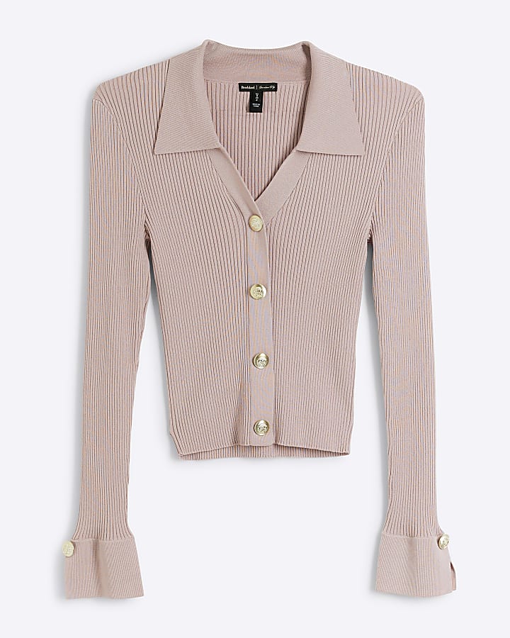 Beige knit button detail polo top